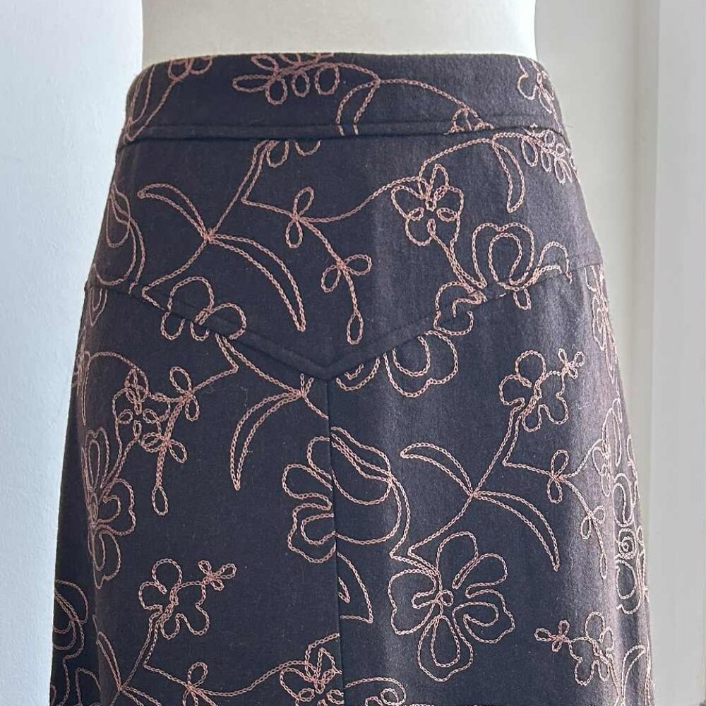 Vintage Bob Mackie Chocolate Wool Floral Embroidered A-Line Midi Skirt – US 4